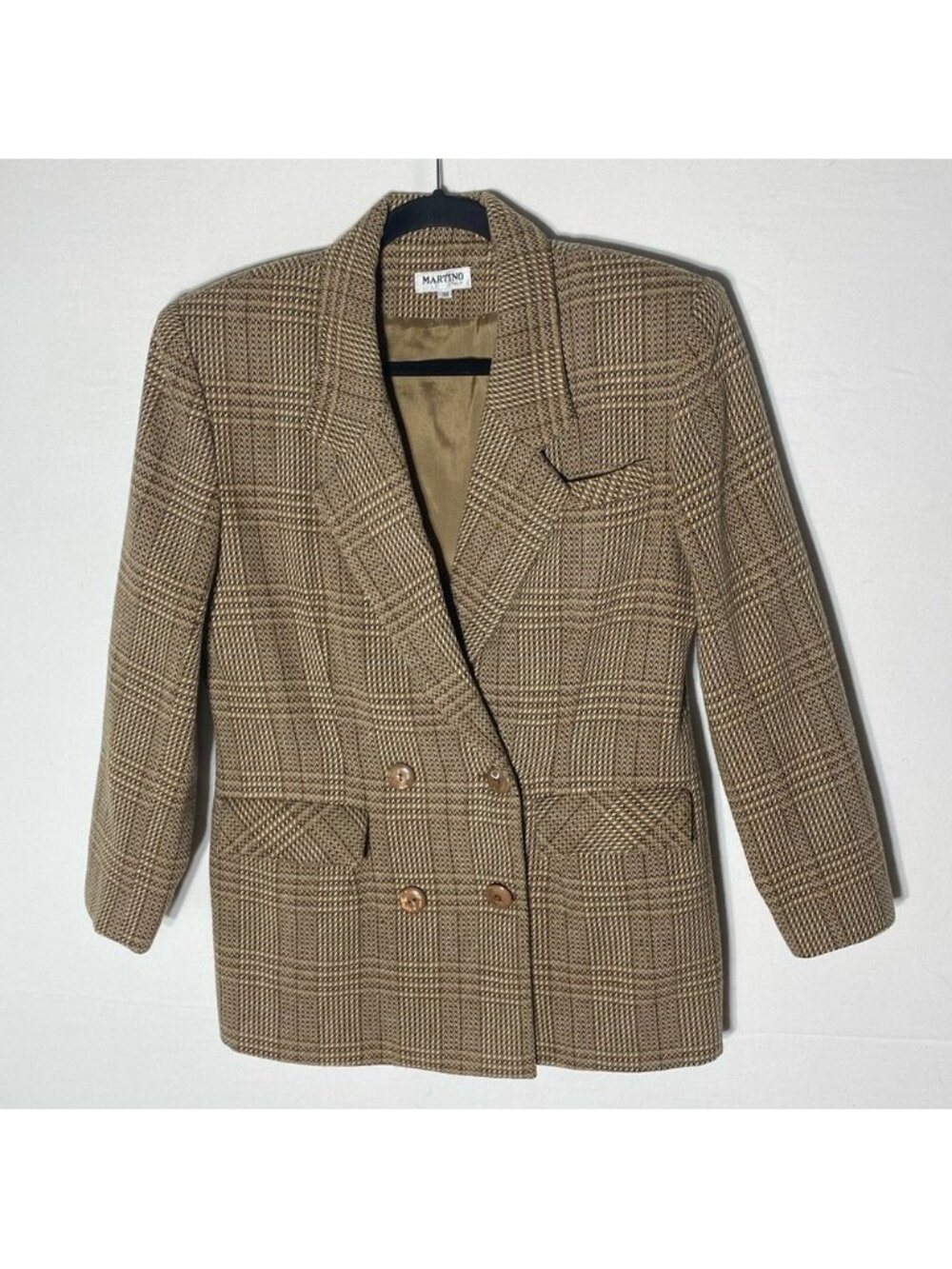 Vintage Martino Italy Tan Brown Plaid Double Breasted Blazer Jacket S